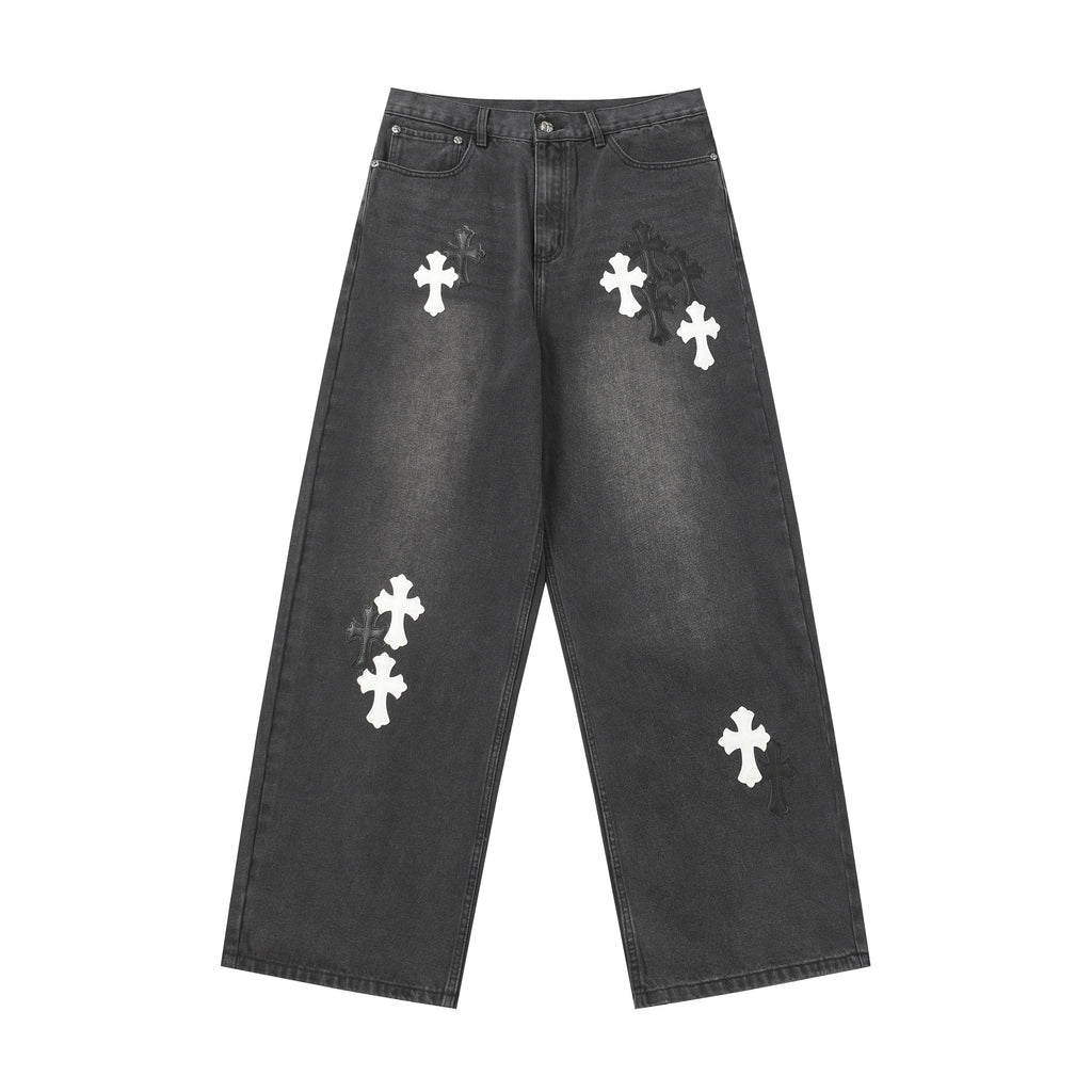 Chrome Hearts White & Black Leather Cross Patches Jeans