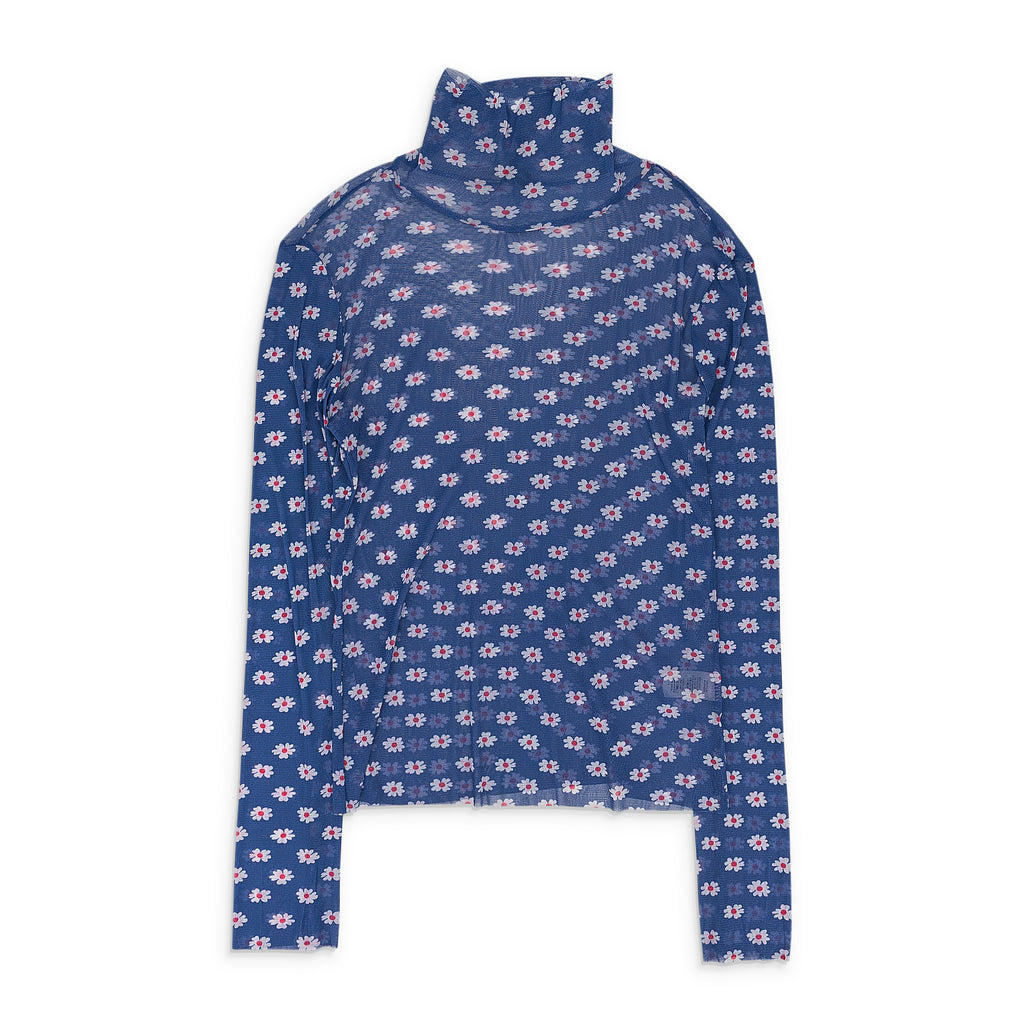 BLUE FLOWER PRINTED MESH TURTLENECK SWEATER