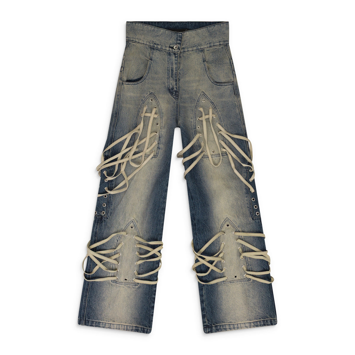 INDIGO LACED STAINED WIDE-LEG JEANS