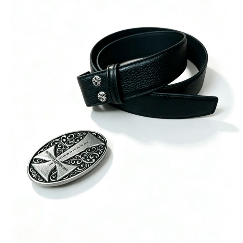 Cross Engraved Litchi Grain Leather Belt Removable Buckle Jeans Waist