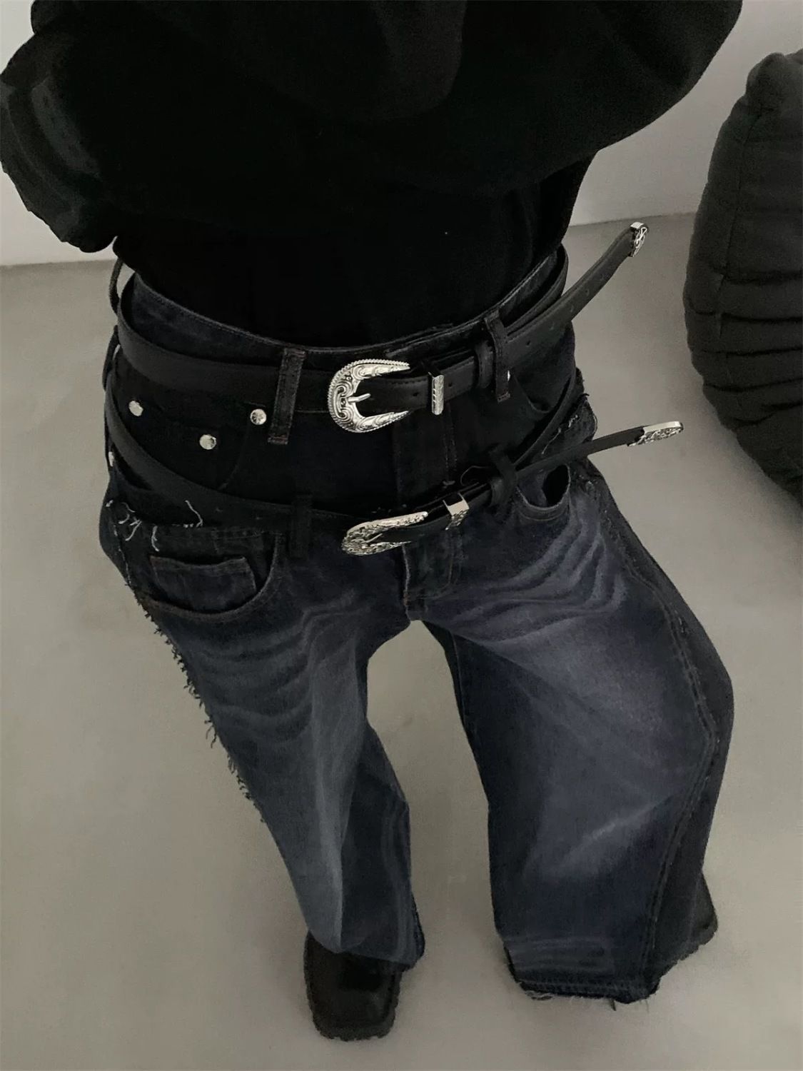 Akiyama Style Leather Belt Engraved Western Metal Buckle Waist Belt