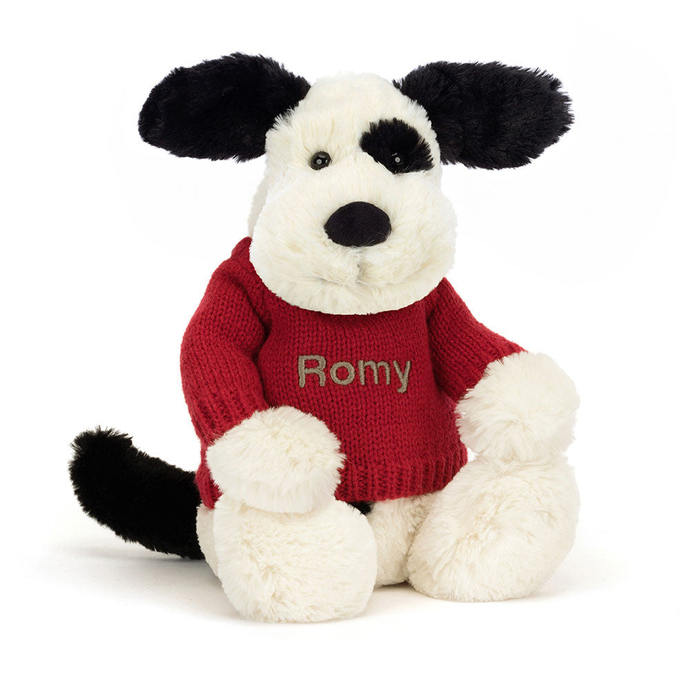 Bashful Black & Cream Puppy with Personalized Red Jumper