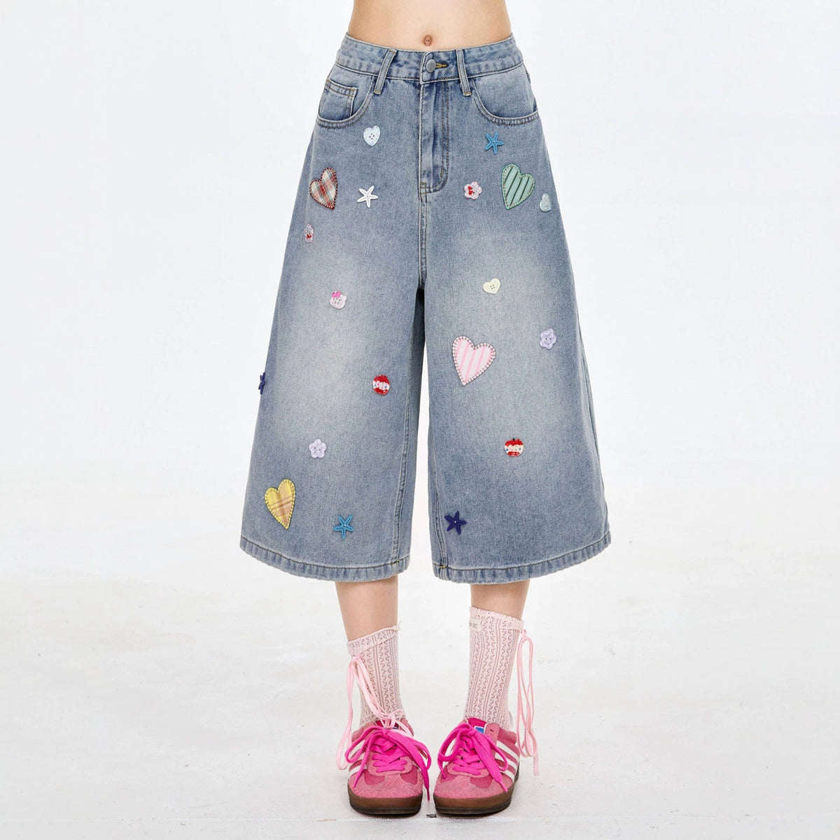 Heart Star Patch Capri Denim Shorts Loose Wide Leg Baggy Cropped Jeans