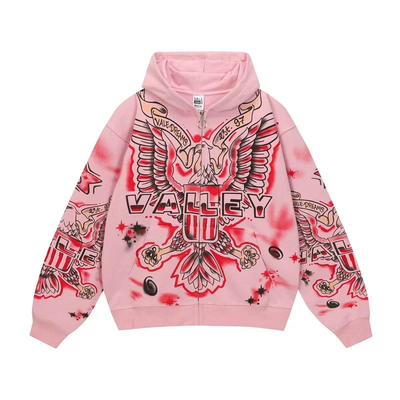Vale Forever Valley Eagle Tattoo Zip Hoodie — Pink