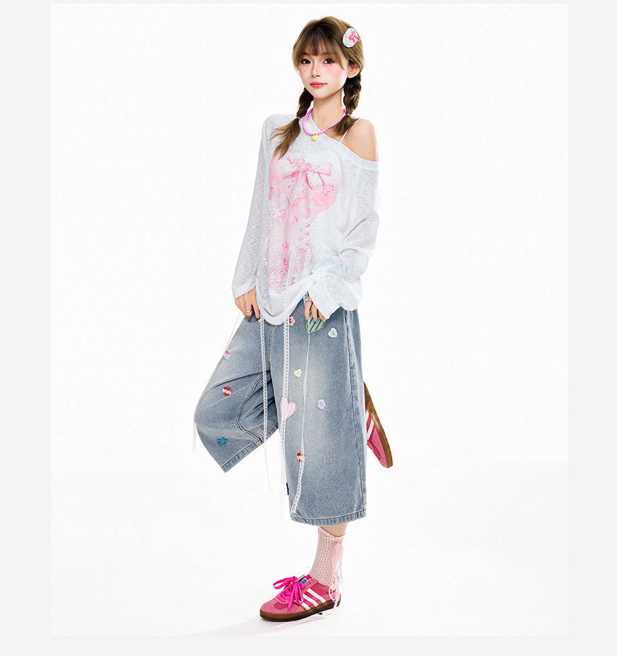 Heart Star Patch Capri Denim Shorts Loose Wide Leg Baggy Cropped Jeans