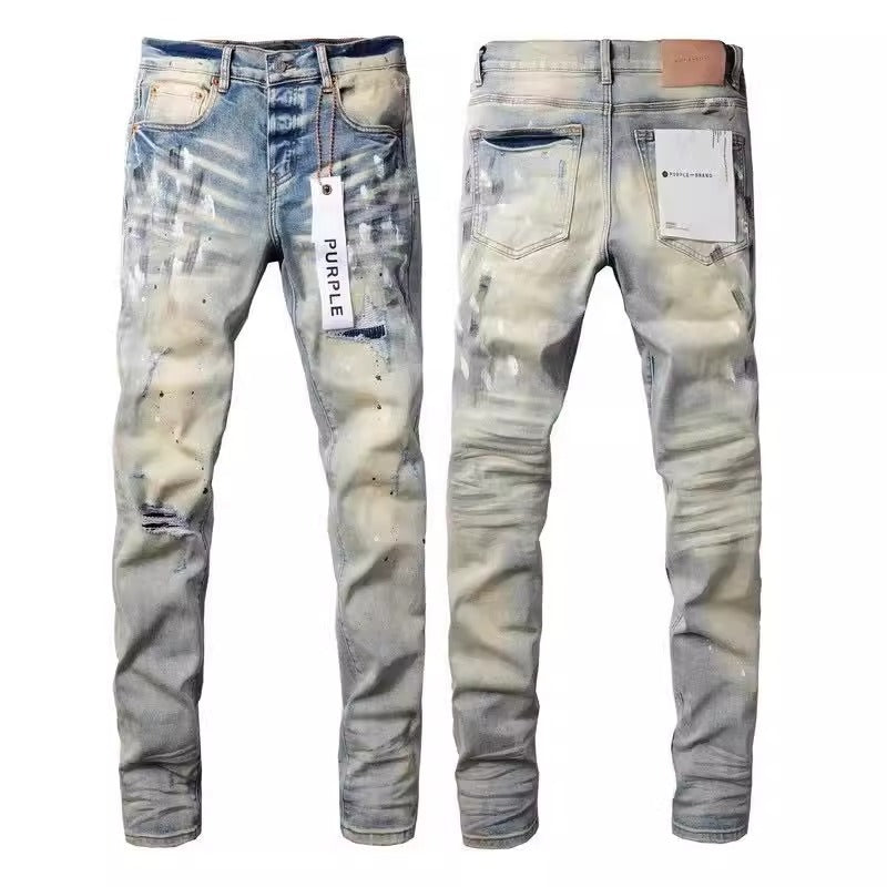 Purple Brand Men Stretch Skinny Ripped Printed Embroidered Denim Jeans