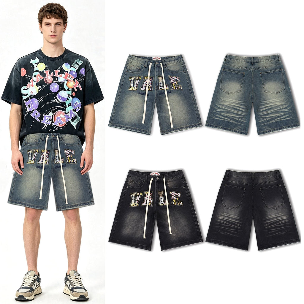 Valley Dreams Plaid Appliqué Rhinestone Denim Shorts
