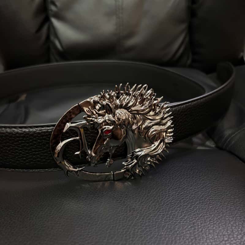 Pegasus Leather Belt Black Litchi Grain Red Zircon Sculpted Waist Belt
