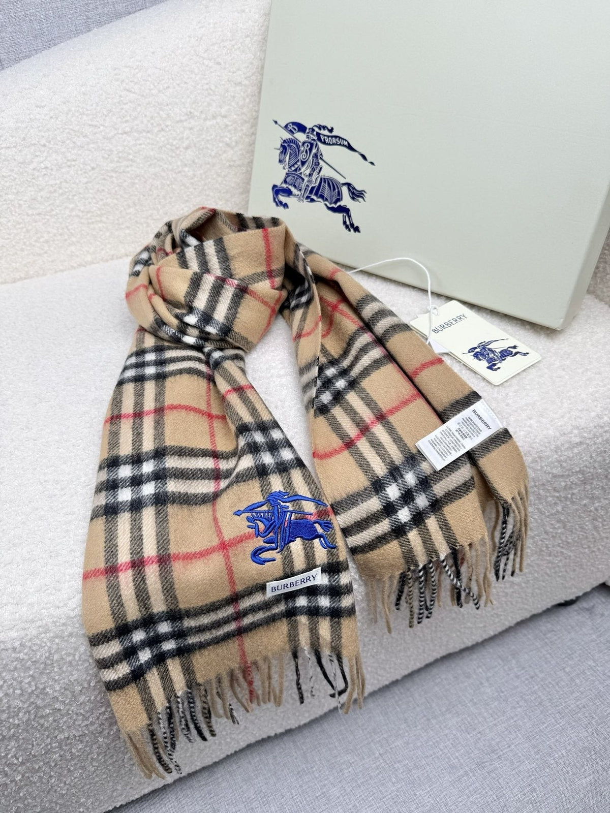 Burberry Beige Plaid Fringe Scarf