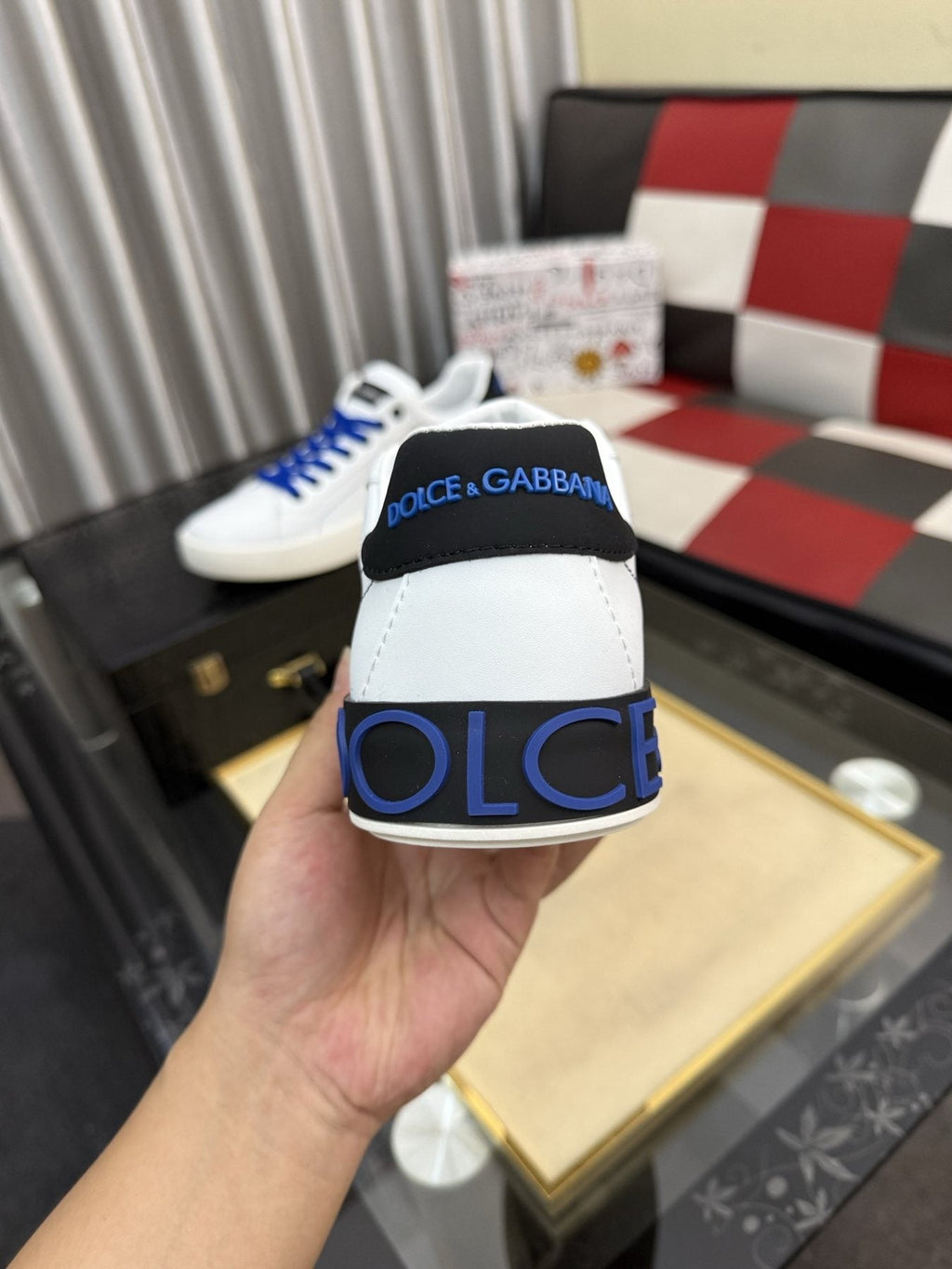 Dolce & Gabbana White Low-Top Sneakers with Blue Laces