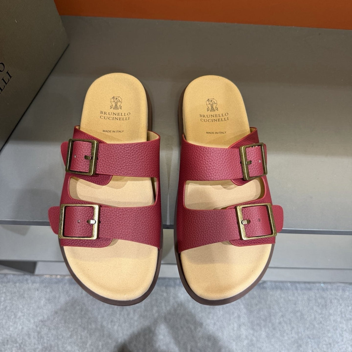 Brunello Cucinelli Men's Double-Buckle Slide Sandals - Textured Upper Straps