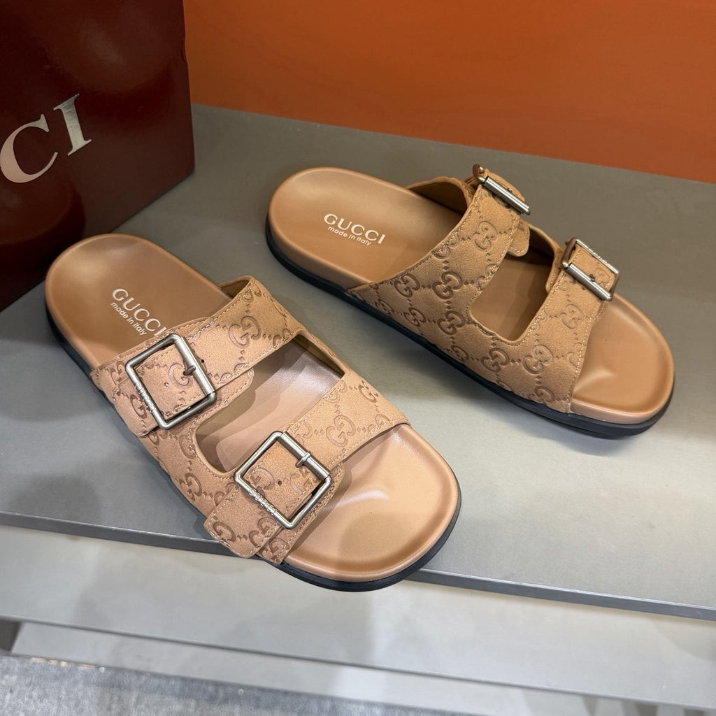 Gucci Two-Buckle Monogram Slide Sandals