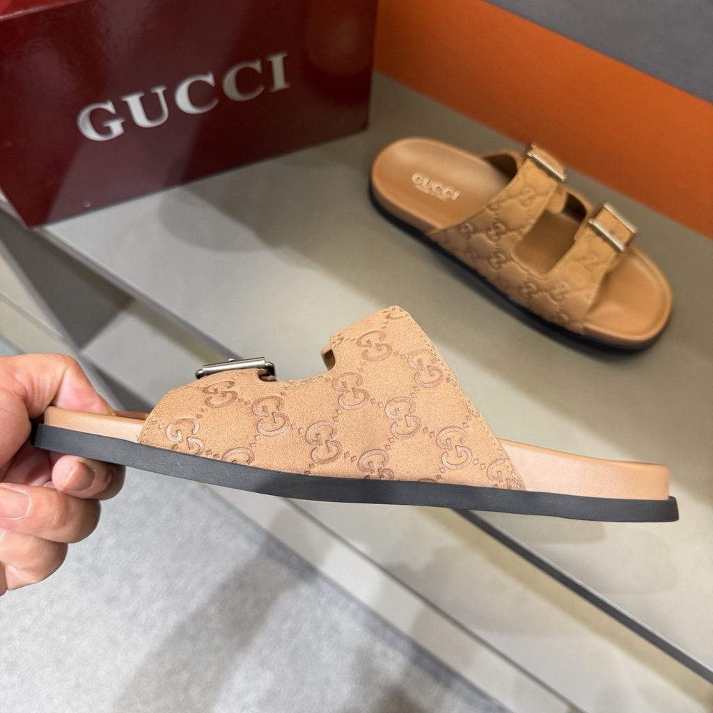 Gucci Two-Buckle Monogram Slide Sandals
