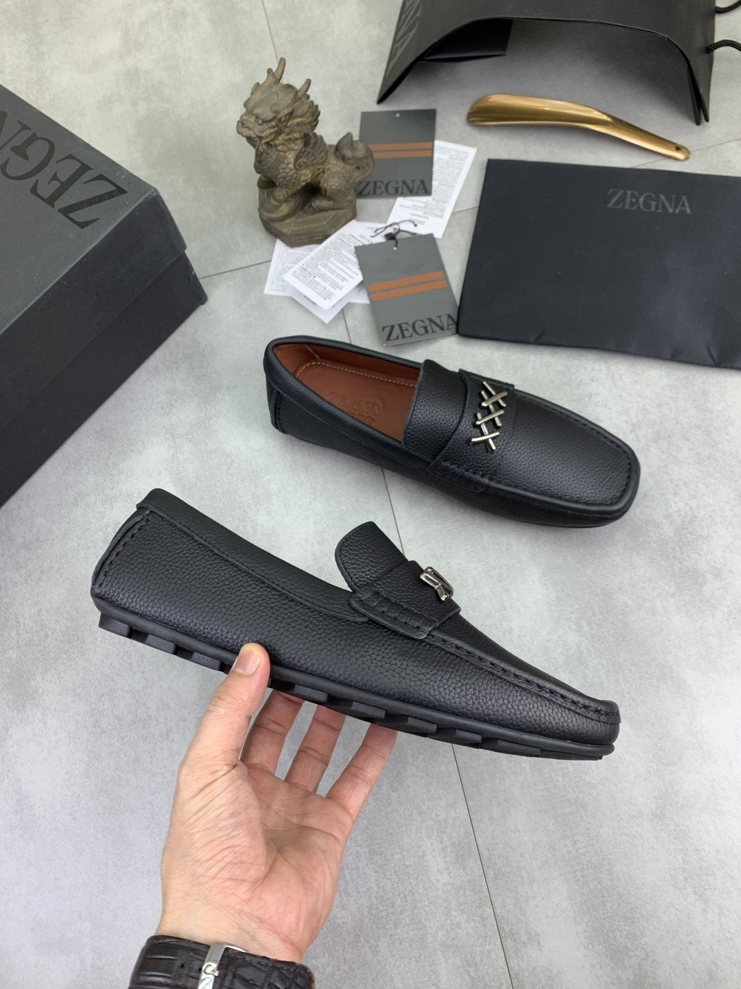 Zegna Square-Toe Leather Loafers with X Accents