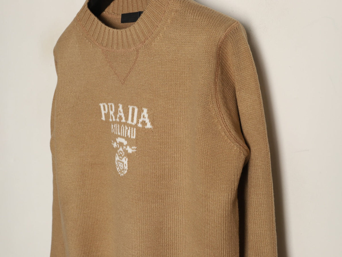 Prada Milano Logo Crewneck Knit Sweater - Camel