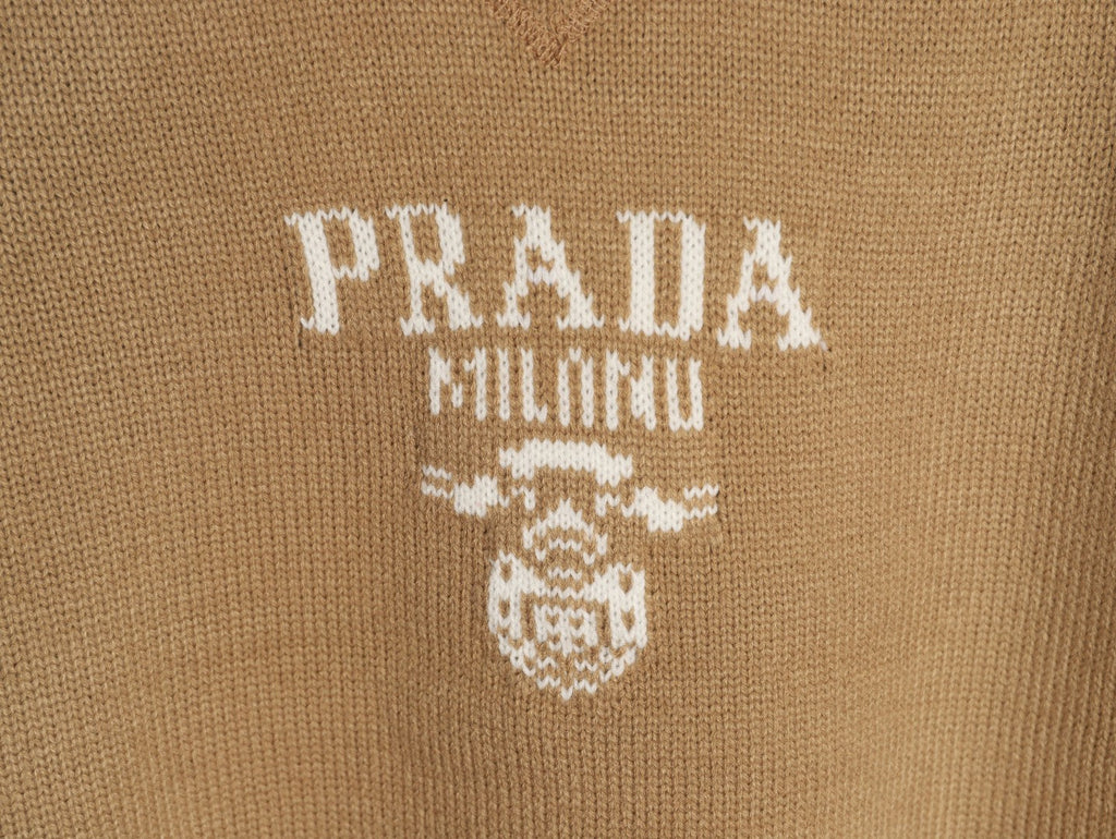 Prada Milano Logo Crewneck Knit Sweater - Camel